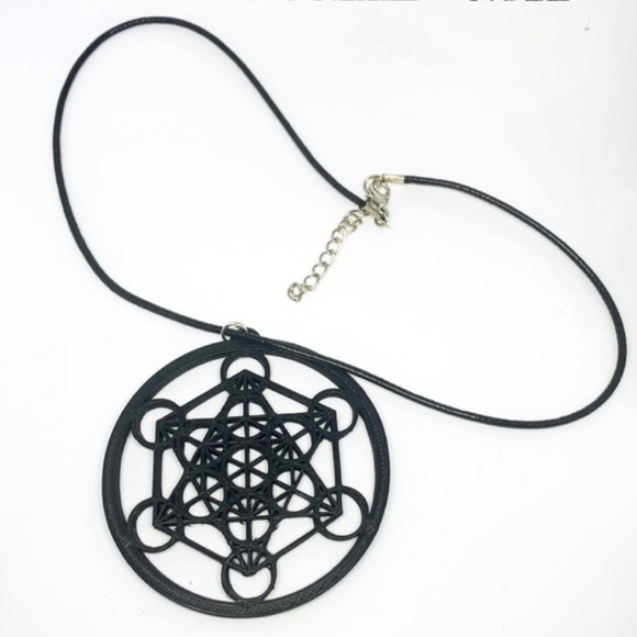 Handmade New 3D Printed Black Metatron Cube Sterling Silver Leather Necklace - Picture 6 of 15